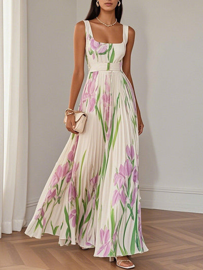 White Pleated Floral Chiffon Maxi Dress with Square Neckline and Sleeveless A-Line