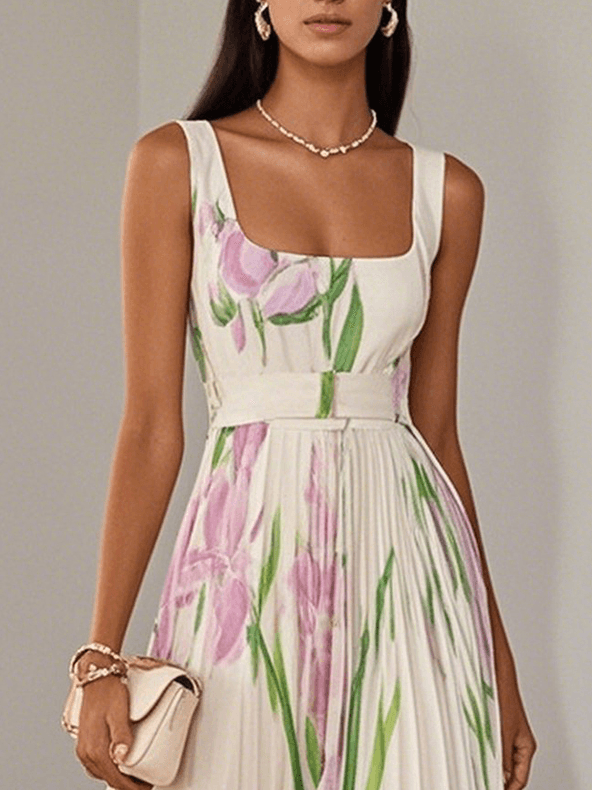 White Pleated Floral Chiffon Maxi Dress with Square Neckline and Sleeveless A-Line