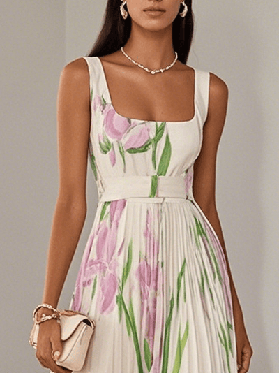 White Pleated Floral Chiffon Maxi Dress with Square Neckline and Sleeveless A-Line