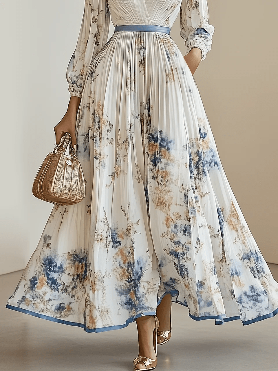 Spring New White Pleated Chiffon V-Neck Floral Long Sleeve Balloon Sleeve A-Line Maxi Dress