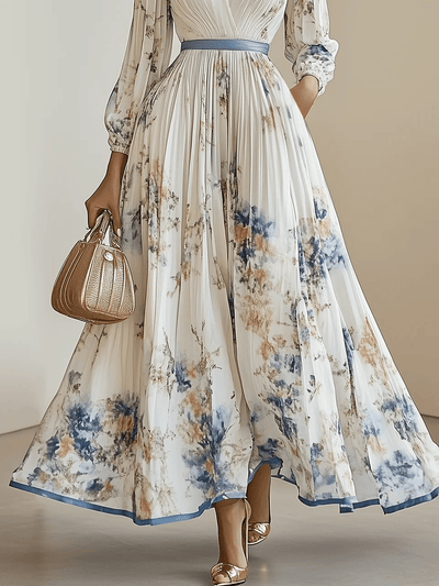 Spring New White Pleated Chiffon V-Neck Floral Long Sleeve Balloon Sleeve A-Line Maxi Dress