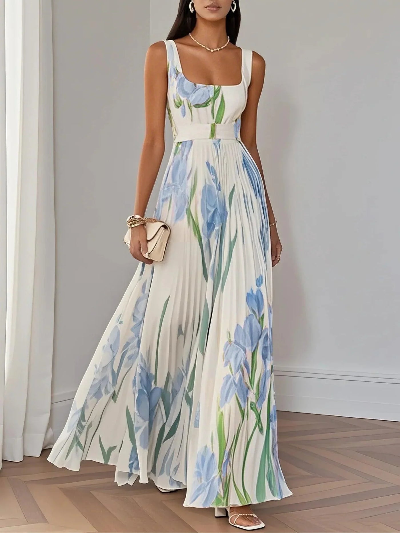 White Pleated Floral Chiffon Maxi Dress with Square Neckline and Sleeveless A-Line