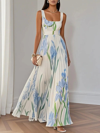 White Pleated Floral Chiffon Maxi Dress with Square Neckline and Sleeveless A-Line