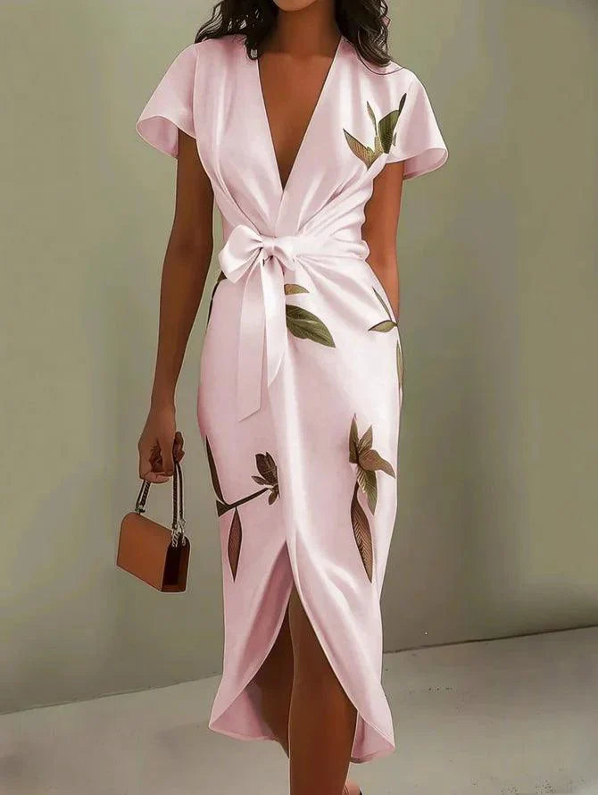 White Leaf Short Sleeve Satin Wrap Midi Dress