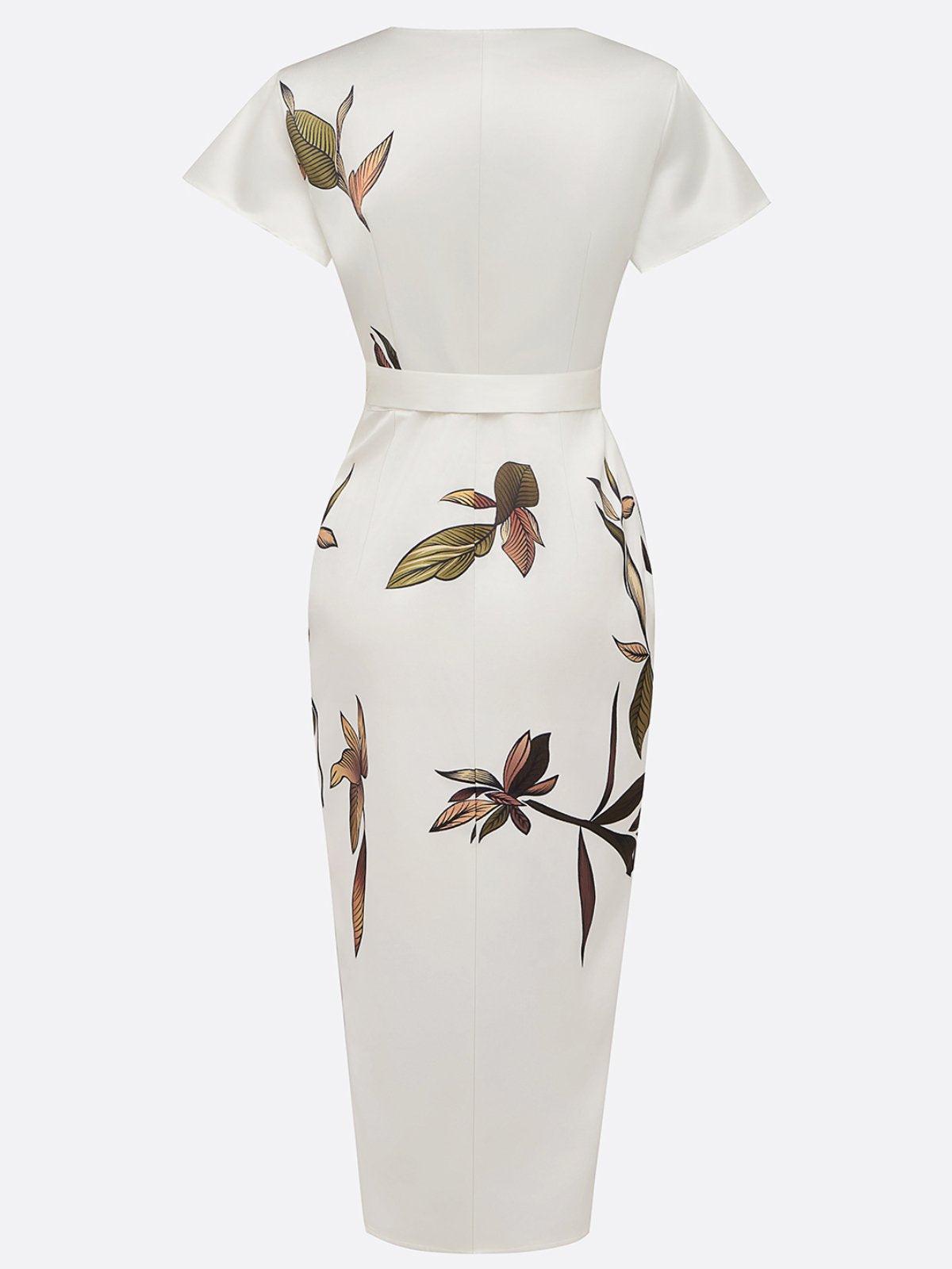 White Leaf Short Sleeve Satin Wrap Midi Dress