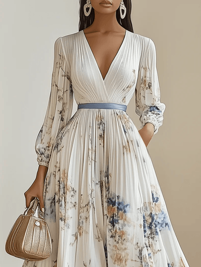 Spring New White Pleated Chiffon V-Neck Floral Long Sleeve Balloon Sleeve A-Line Maxi Dress