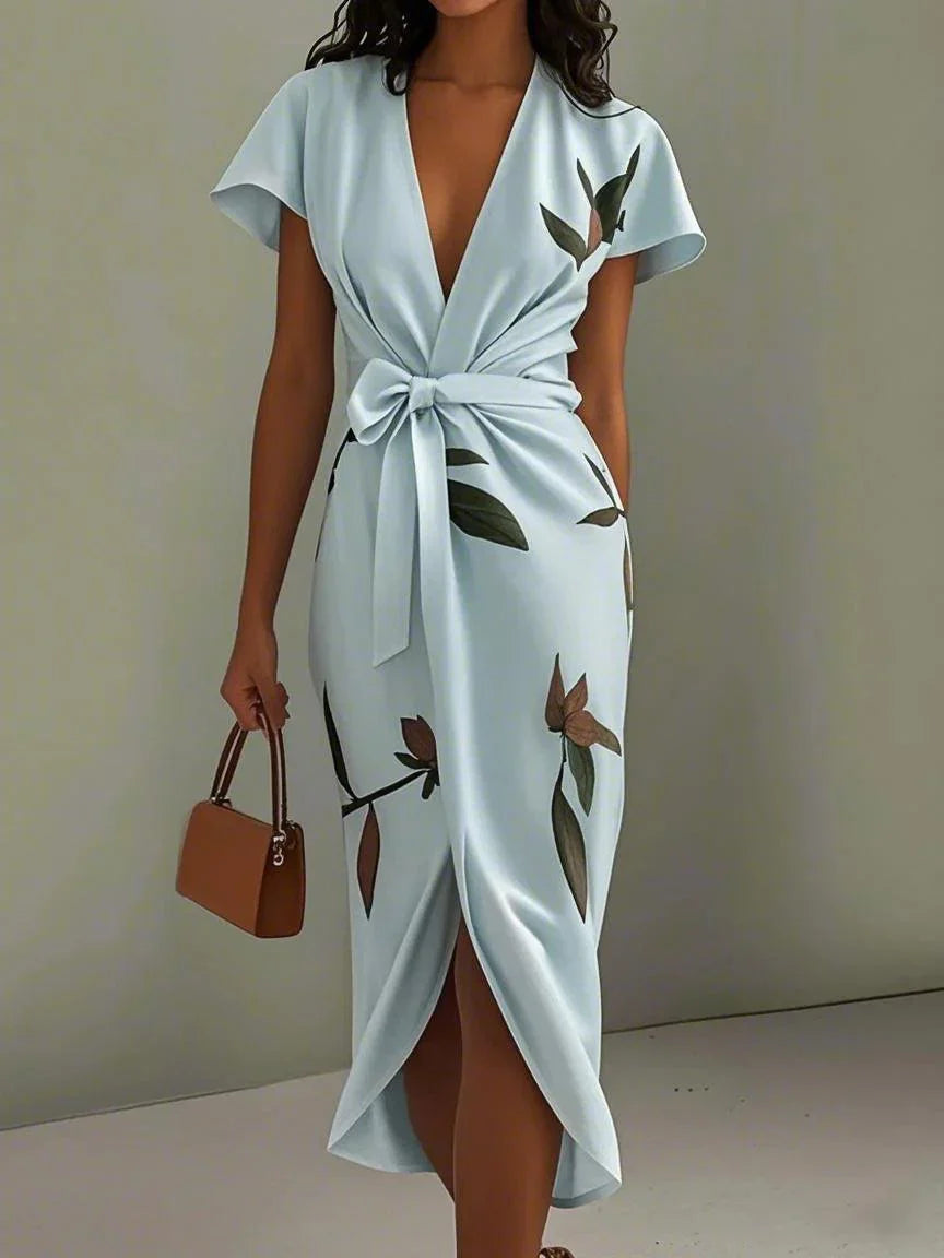 White Leaf Short Sleeve Satin Wrap Midi Dress